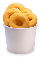 Fried shrimp donut in paper bucket isolated on white background, Fried shrimp donut on white With clipping path.