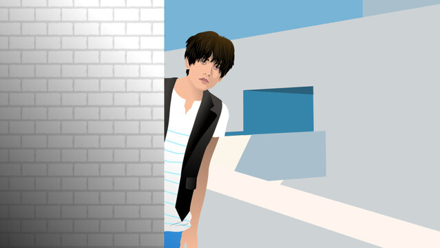 A young man is looking behind the wall of the roof of a white building, realistic vector illustration