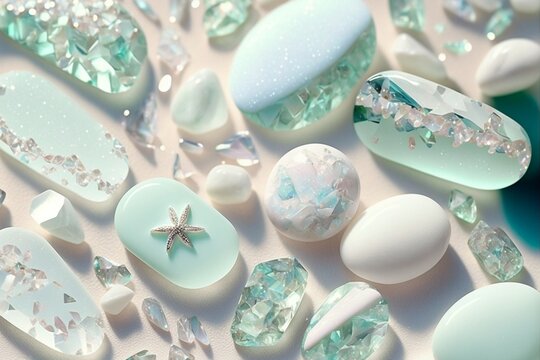 夏の砂浜で取れたシーグラス きれいなアクセサリーパーツのイラスト Generative AI
