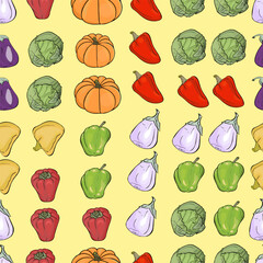 Seamless pattern with vegetables. Vector illustration. Food background which can be used as web site backdrop, store or farmer's market decoration, food packaging, cards, designers, clothes