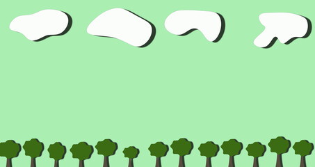 Below, shadow-casting trees stand in a row, and white clouds float across the sky against a green background.