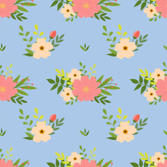 Fototapeta na wymiar Seamless flower pattern. Flat botanical ornament with minimalistic elements in soft palette. Simple vector repeating texture. Modern swatch.