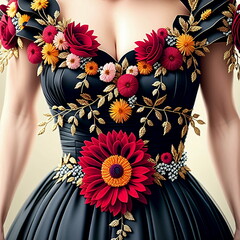 Beautiful, luxurious dress decorated with flowers, fantasy, generated in AI