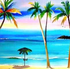 Fototapeta na wymiar Beautiful beach with palm trees, illustration in watercolor painting style. AI generative.