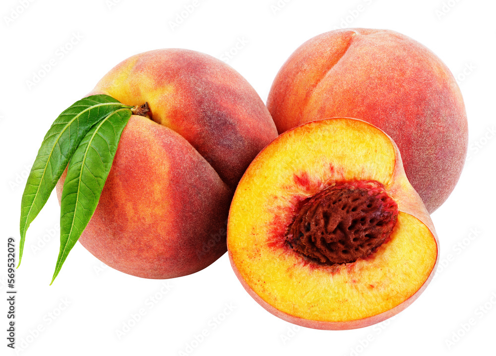 Wall mural group of peaches with half and green leaves isolated on transparent background - Wall murals