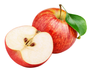 Ripe red apple fruit with apple half and green leaf isolated on transparent background. Apples and leaf