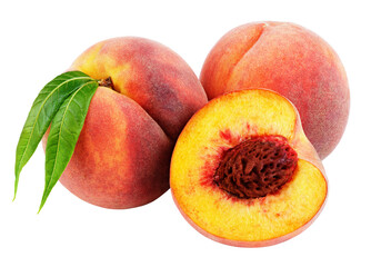 Group of peaches with half and green leaves isolated on transparent background