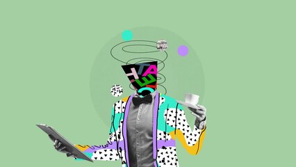 Stop motion, animation. Daily news and coffee. Comics styled bright yellow suit. Modern design. Inspiration, idea concept, trendy urban magazine style. Negative space to insert your text or ad.