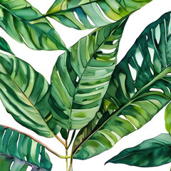 Fototapeta na wymiar Tropical leaves on a white background, watercolor. AI generated.