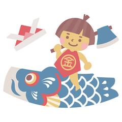 子供の日を祝う鯉のぼりと金太郎のシンプルイラスト１