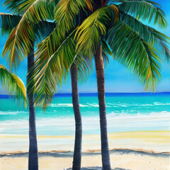 Naklejka na ściany i meble Beautiful beach with palm trees, watercolor. AI generated.