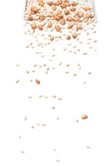 Mix white peanut beans fall down explosion, several kind bean float explode, abstract cloud fly. Dried white peanut mixed beans splash throwing in Air. White background Isolated high speed shutter