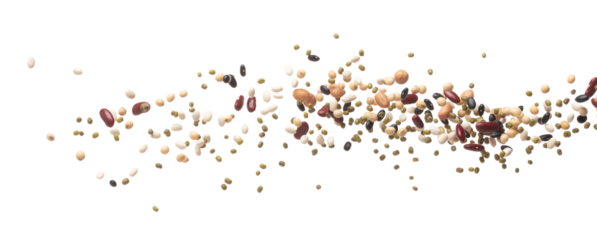 Mix beans fall down explosion, several kind bean float explode. Dried mixed white green red soy black peanut beans splash throwing in Air. White background Isolated high speed shutter, freeze