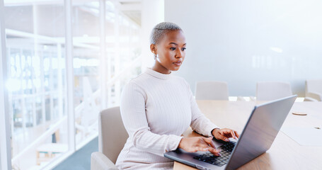 Laptop, business and black woman typing in office workplace. Planning, working and female employee writing sales project, marketing email or advertising strategy, proposal or research on computer.
