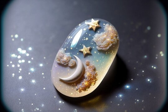 夜空のモチーフのレジンジュエリー 月 星空と雲のレジン きれいなアクセサリーパーツのイラスト Generative AI