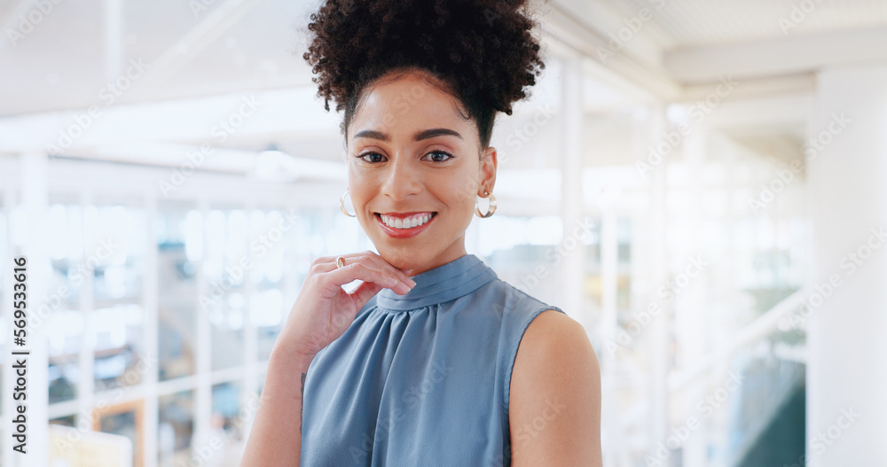 Sticker Smile, face and black woman in office building for business leadership, trust and vision. Portrait, happiness and professional young female in startup agency for success, management and motivation