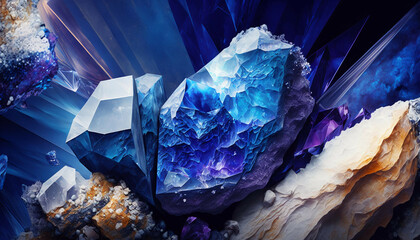 Crystal, glistening in the light, abstract background. Rich blue hues of the gemstone make it a unique and powerful symbol of healing energy, intuition, wisdom and truth. Generative AI