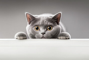 Beautiful funny grey British cat peeking out from behind a white table. Generative AI.

