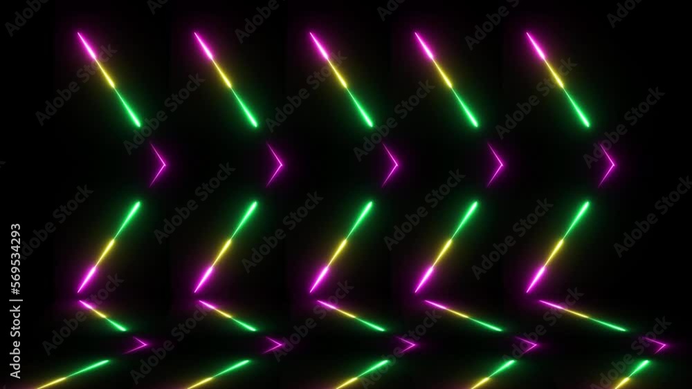 Poster neon arrows stick with reflection effect blinking on black background. glowing neon arrow direction 