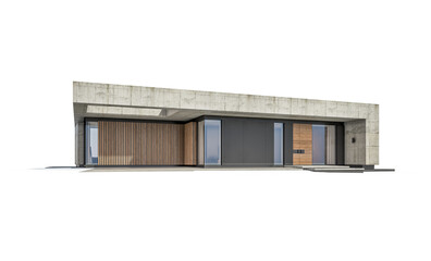 Fototapeta premium 3d rendering of new concrete house in modern style with pool and parking for sale or rent only one floor in evening. Isolated on white