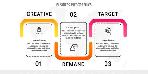 Modern vector infographics with three rectangles. Business template with graphic 3 steps for diagram, web, banner, presentations, flowchart, content, levels, chart, graphic, timeline
