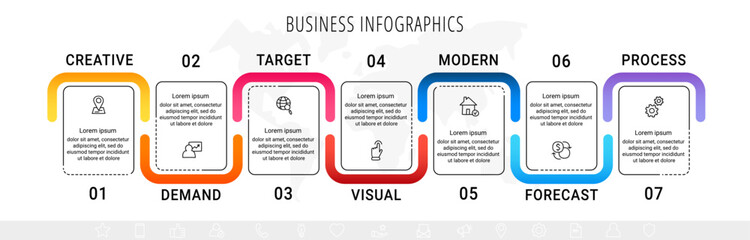 Modern vector infographics with 7 rectangles. Business template with graphic seven steps for diagram, web, banner, presentations, flowchart, content, levels, chart, graphic, timeline