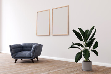 Modern room design with a comfortable armchair and two frames on the wall. 3d render