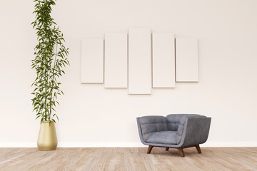 Modern room design with a comfortable armchair and frames on the wall. 3d render