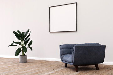 Modern room design with a comfortable armchair and a frame on the wall. 3d render