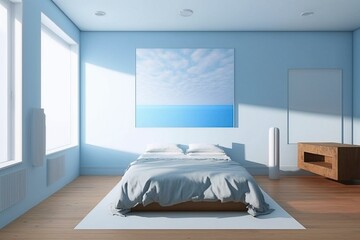 A bedroom with light blue walls, hardwood floors and a white ceiling