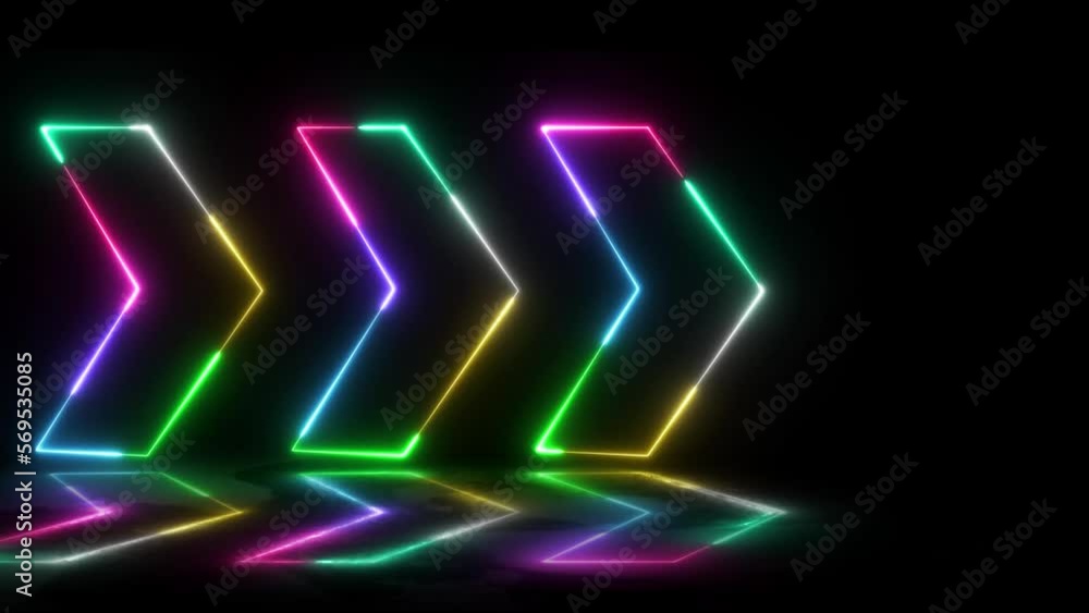 Poster multiple color neon arrows blinking on black background. glowing neon arrow with reflection effects 