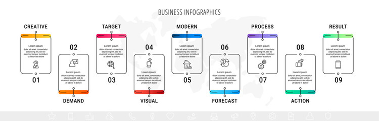 Fototapeta premium Modern vector infographics with nine rectangles. Business template with graphic 9 steps for diagram, web, banner, presentations, flowchart, content, levels, chart, graphic, timeline