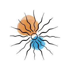 Vector illustration of abstract sun hand drawn in black line. Colored spots of watercolor paint. Logo for isoterics, celestial bodies, astrology.