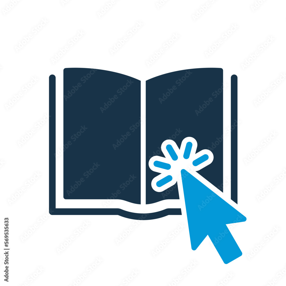 Poster online library application silhouette icon. mouse pointer with open e-book. electronic book for educ