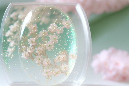 レジンで固めた花 透明なレジンジュエリー きれいなアクセサリーパーツのイラスト Generative AI