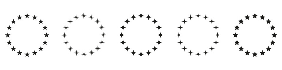 Stars in Circle Shape Silhouette Icon Set. Circular Decor Ornament Icon on White Background. Modern Round Award Frame with Black Stars Pictogram. Isolated Vector Illustration