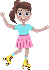 kids outdoors activity, roller skating girls. Young women roller skates, rollerblading teenager active trendy leisure time outdoors, female characters in colorful clothes, vector isolated set