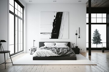 A modern bedroom with white walls and hardwood floors, featuring a blank white poster