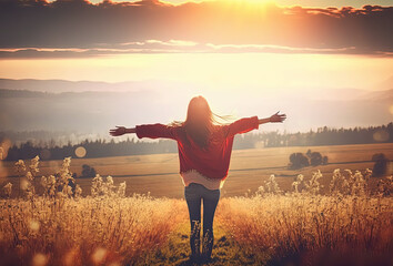 Happy woman standing with her back on sunset in nature with open hands. Generative AI.