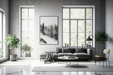 A spacious minimalist living room with grey walls, large windows and a taupe accent wall