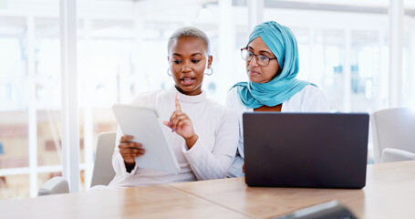 Business, women and explain with laptop, documents or update planning schedule, modern office or...