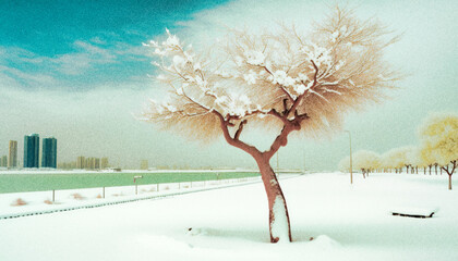Imaginary winter landscape: Doha in the snow. A lonely tree - generative AI