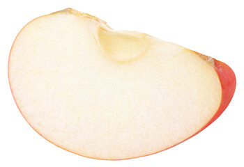 Wedge of red apple fruit without seed isolated on transparent background. Red apple slice