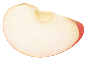Wedge of red apple fruit without seed isolated on transparent background. Red apple slice