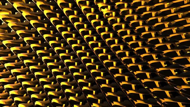 Abstract wavy moving metallic shapes animation. Gold metal elements forming interresting surface pattern. Seamless looping animation.