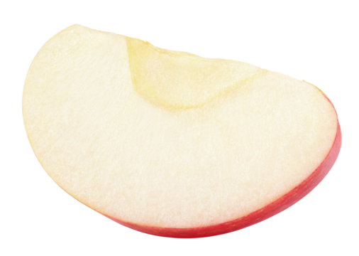 Wedge of red apple fruit without seed isolated on transparent background. Red apple slice