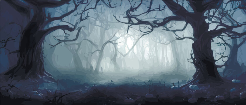 Silhouettes of trees in a dark night forest with a blue tint of fog. Fantastic mysterious landscape. Foggy forest background. Paranormal, mystical concept. Vector illustration.