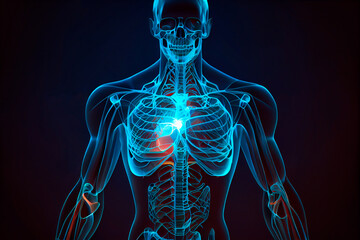 Healthcare 3D human body hologram with dark background. Created with Generative AI technology.