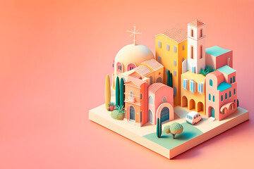 Tiny city 3D in pastel colors with copy space. Created with Generative AI technology.