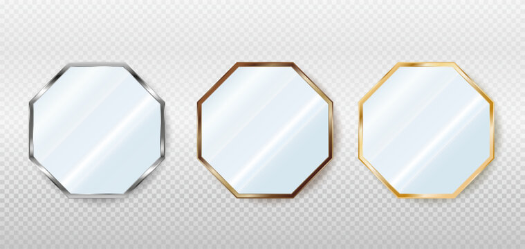 Realistic octagonal mirrors in metal, bronze and gold frames. Reflective glass plate. 3d vector illustration isolated on transparent background.